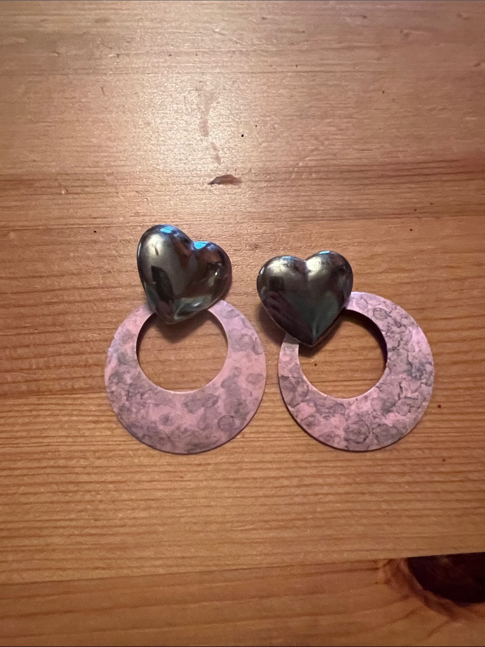 VINTAGE Pink Marble Hoop Earrings with Iridescent Heart Studs